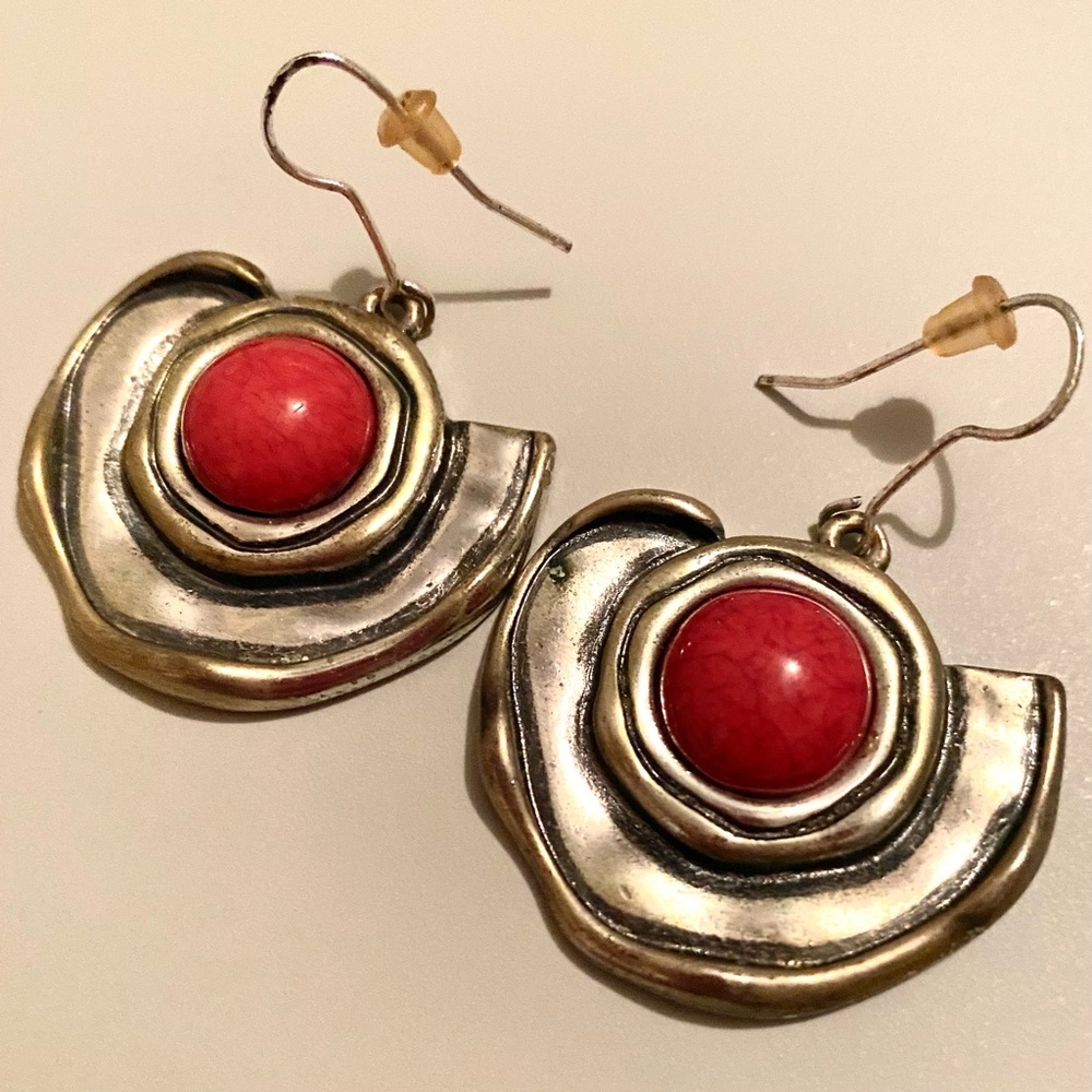 Vintage Silver Tone & Red Pierced Earrings